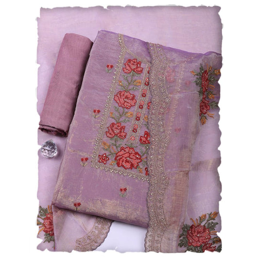 Meena Bazaar Purple Embroidered Tissue Unstitched Suit With Pant & Dupatta