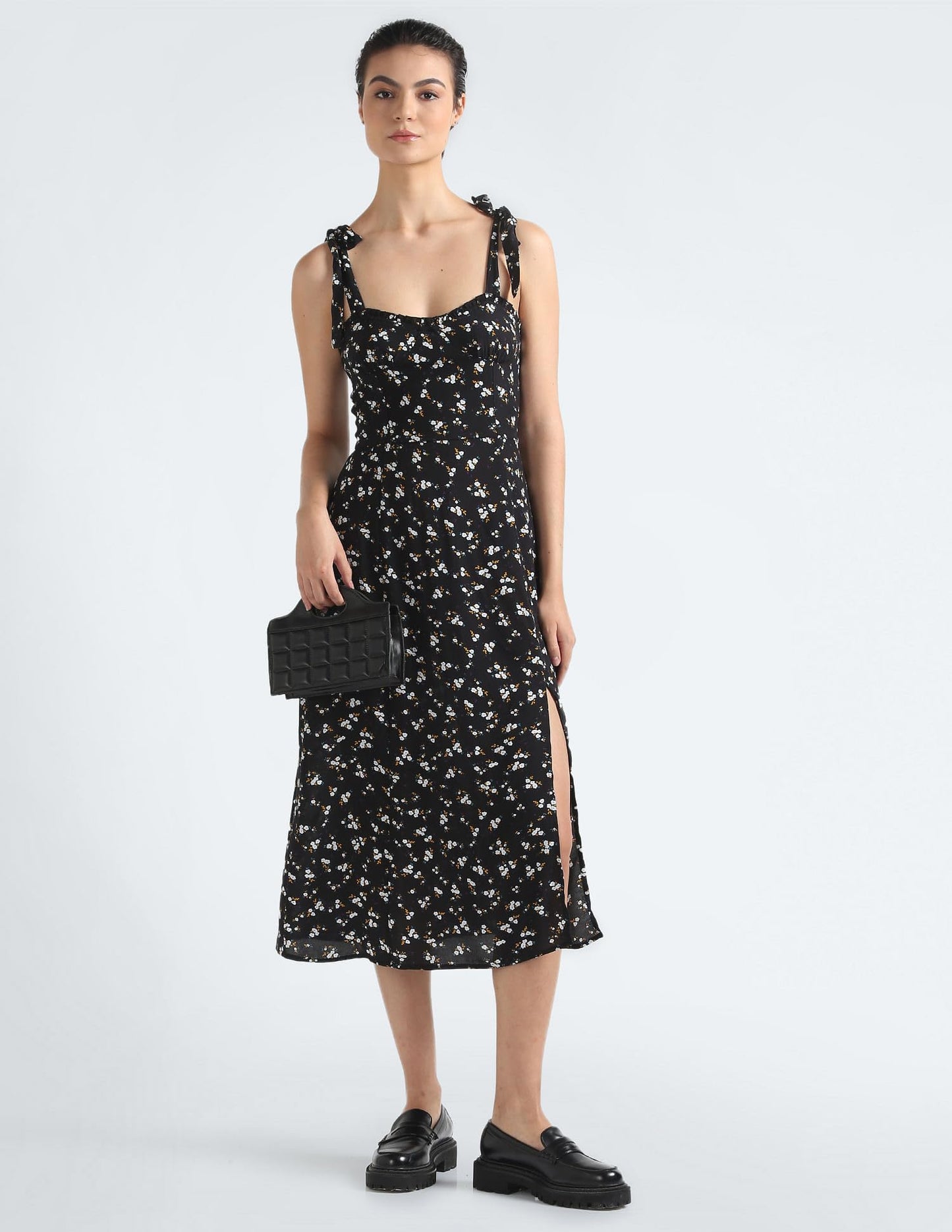 Tommy Hilfiger Black Viscose Women's Shoulder Straps Floral Shoulder Straps Midi Dress (M)