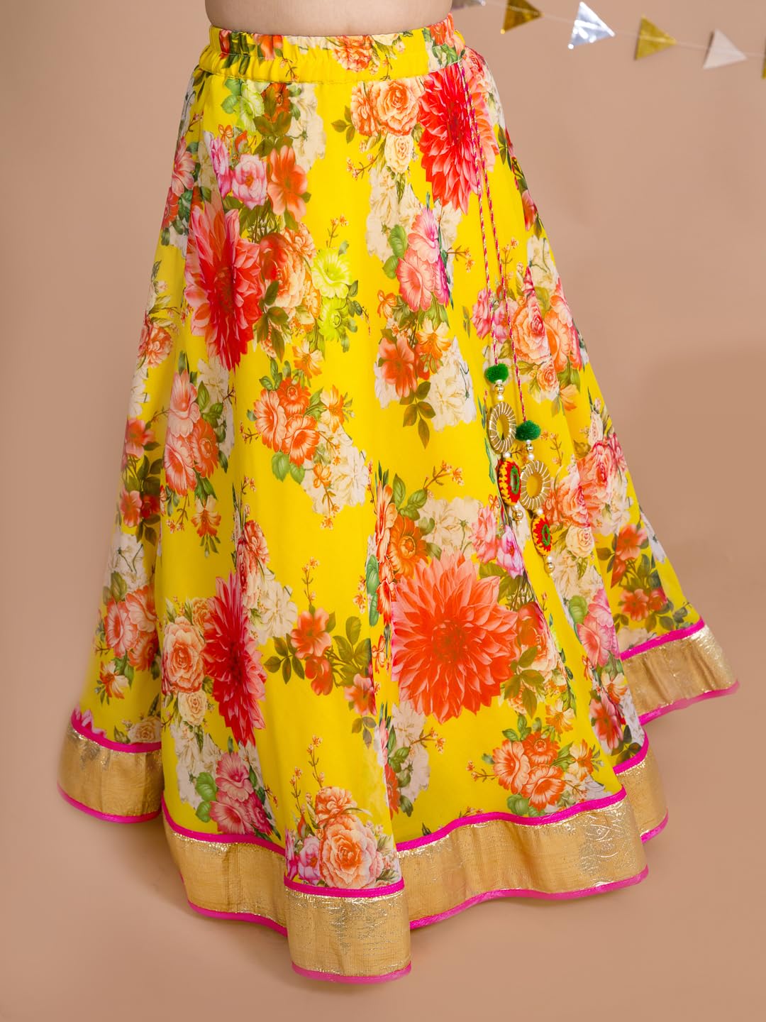 Pspeaches Girl's Yellow Pink Embroidered Polyester Readymade Lehenga Choli Set(Yellow-5-6Y)