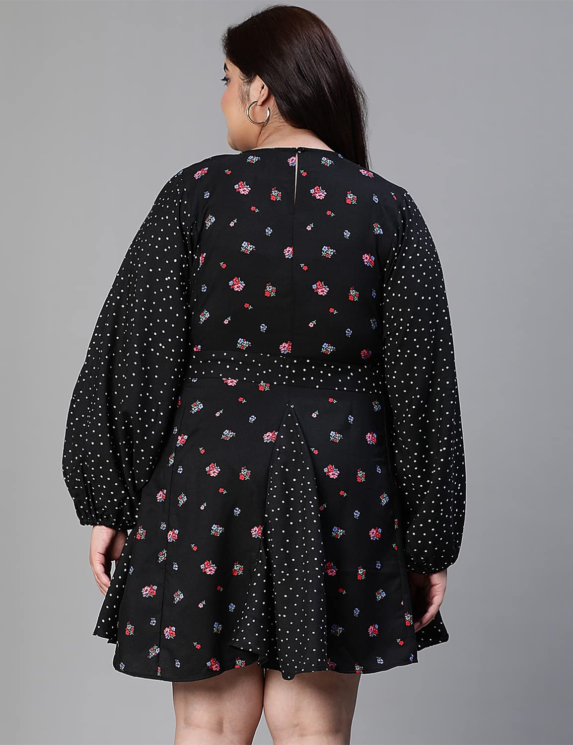 oxolloxo Women Plus Size Floral Print Tie-Knotted Round Neck Black Dress