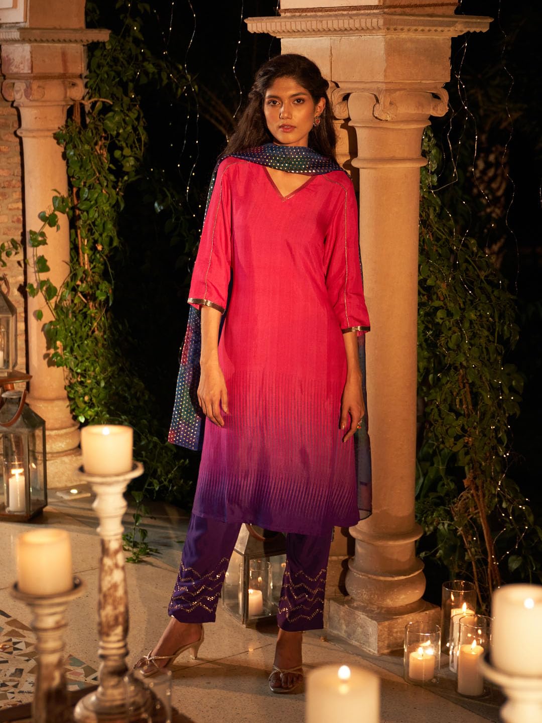 W for Woman Magenta Pink Ombre A-Line Kurta, Pants And Dupatta Set (Size: L)-23AUWS19959-122259