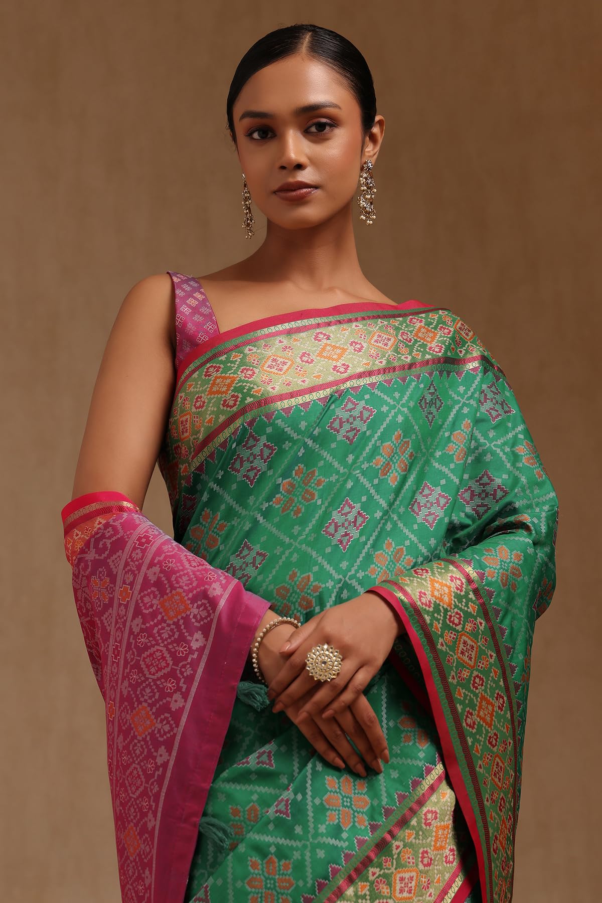 Soch Womens Green Silk Patola Print Saree