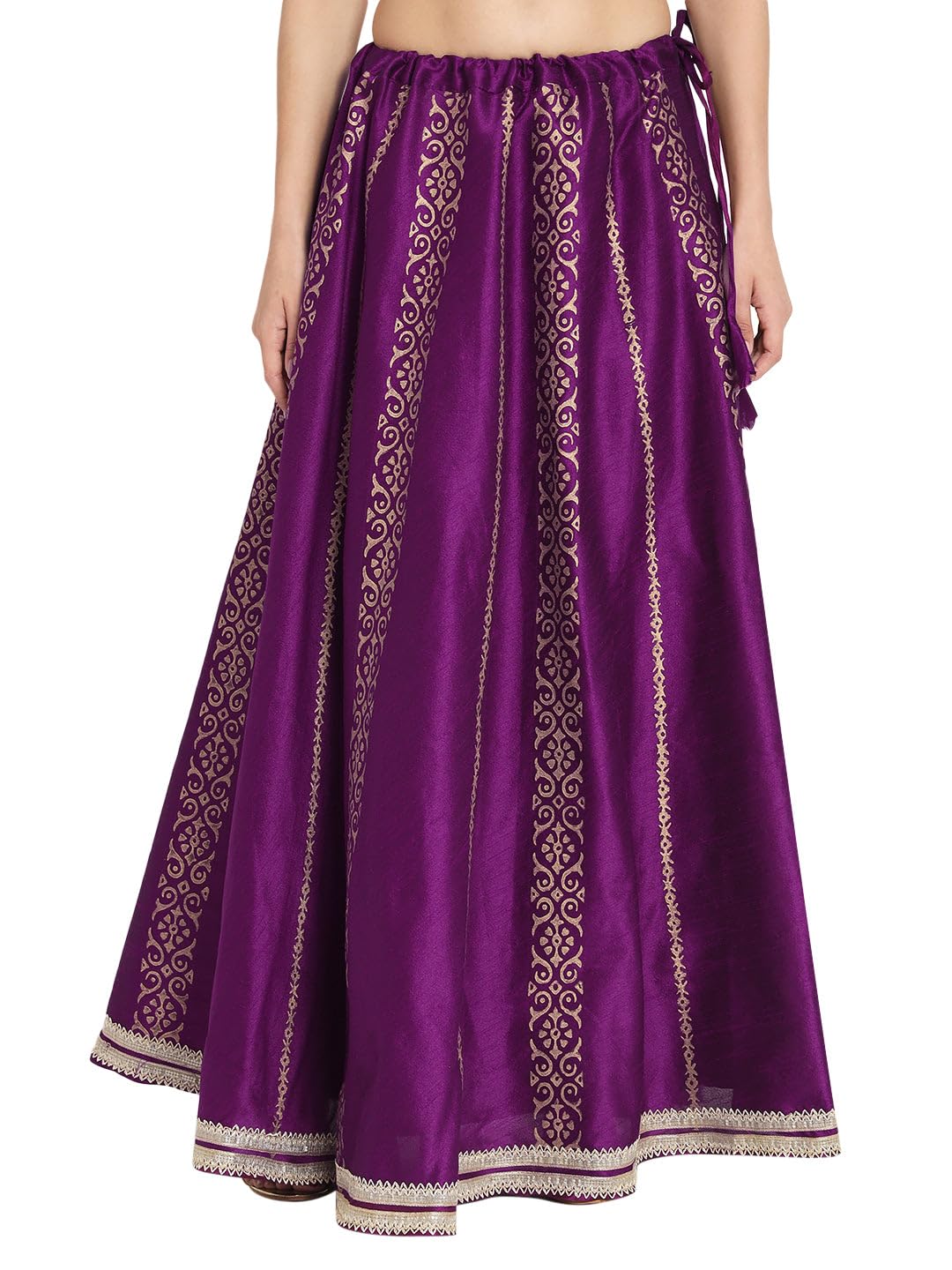 studio rasa Women's Dupion Hand Block Printed Embellished Bias Freesize Skirt for Festive Party Wedding (SKTC52301_Purple)