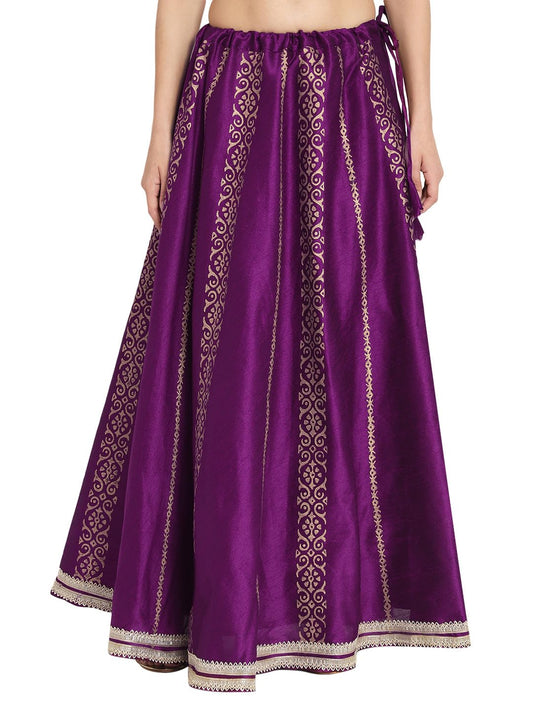 studio rasa Women's Dupion Hand Block Printed Embellished Bias Freesize Skirt for Festive Party Wedding (SKTC52301_Purple)