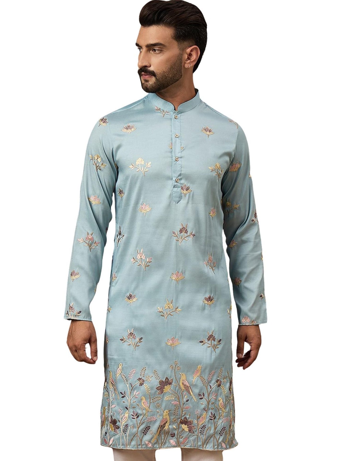 Ethnic Bay Men's Silk Blend Embroidered Solid Calf Length Kurtas | Men | Kurtas for Mens | Straight Fit Kurta for Men's Blue