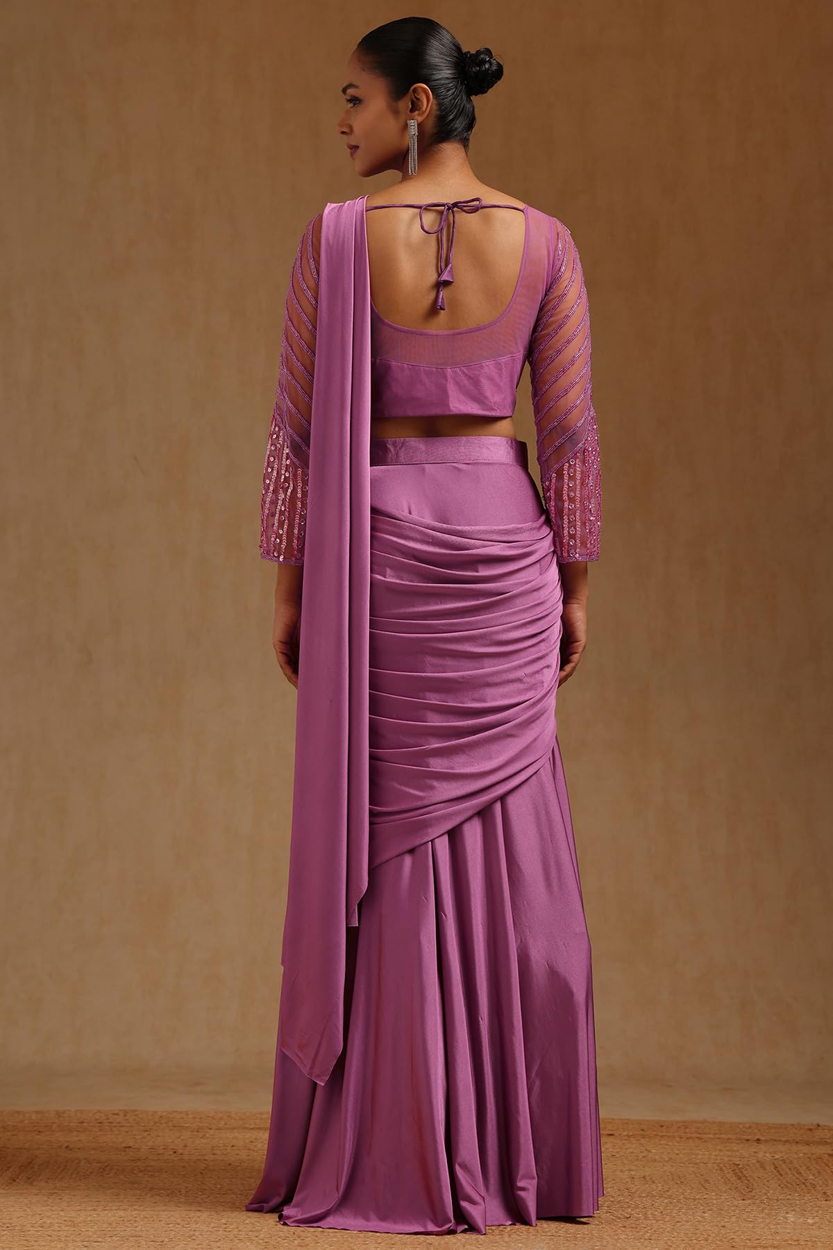 Soch Womens Onion Pink Spandex Solid Ready To Wear Saree