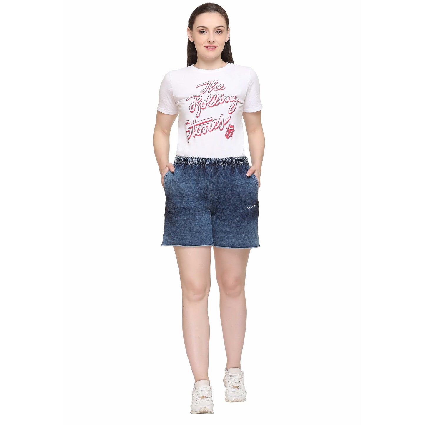 Colors & Blends - Women's Indigo Lycra - Knitted Denim Shorts (SG-01 : Size - S)