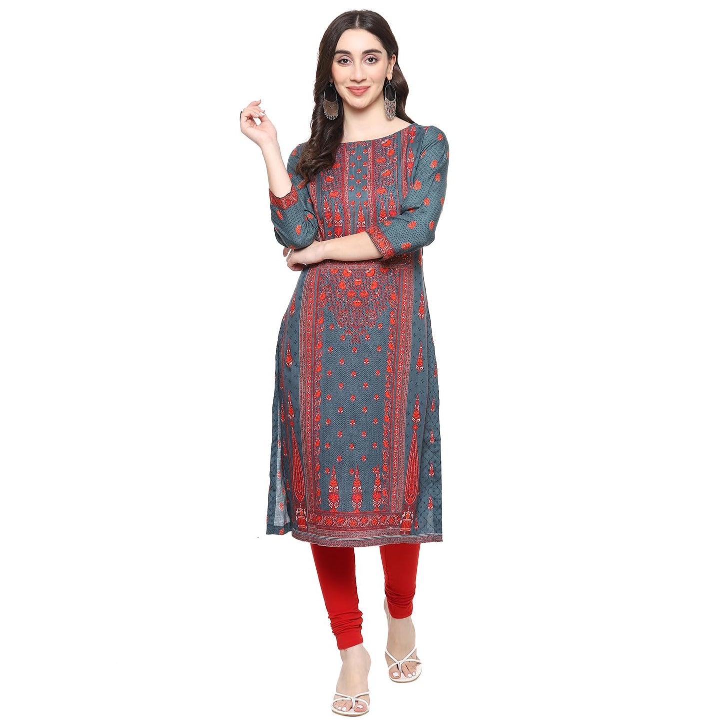 BIBA Women's Rayon Women's Regular Fit Straight Kurta Printed Mix and Match(Assorted19749_Teal_36)
