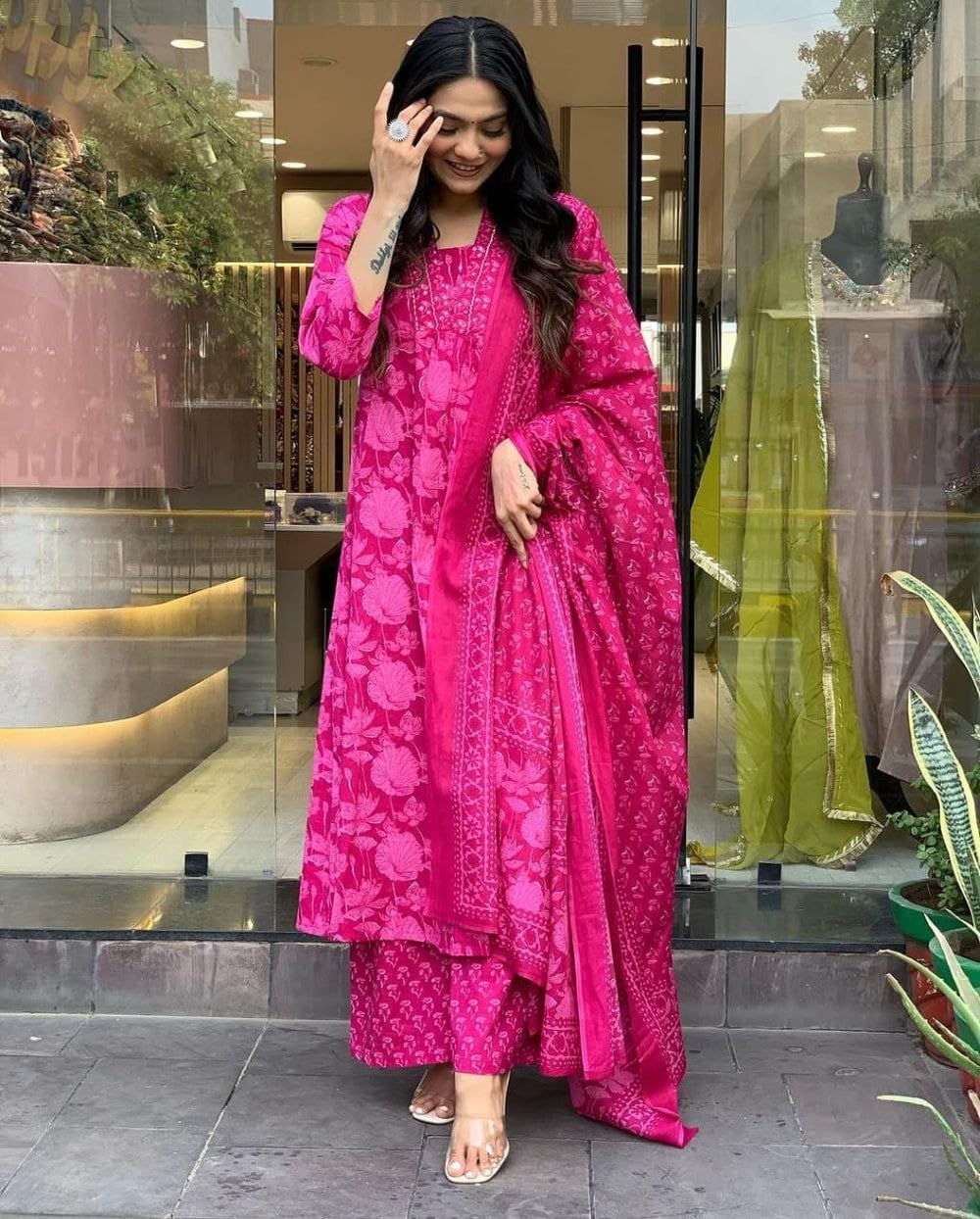 Modestouze Attires Women's Rayon Floral Printed Salwar Suit Set | V Neck 3/4 Sleeve Fit Flared Calf Length Kurta and Cotton Dupatta with Printed Palazzo | MA-K207-PINK-XXL