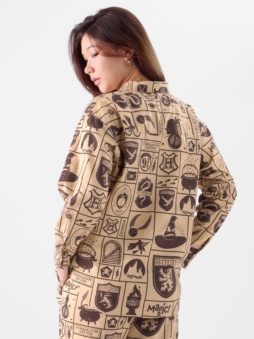 The Souled Store Official Harry Potter: Magical Women and Girls Long Sleeves Collared Neck Button Front Brown All Over Printed Cotton Blend Boyfriend Shirts