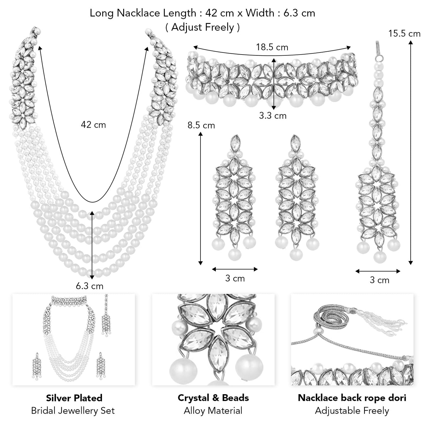 Peora Silver Plated Crystal & Beads Studded Bridal Short & Long Necklace Earrings Maangtikka Jewellery Set for Women