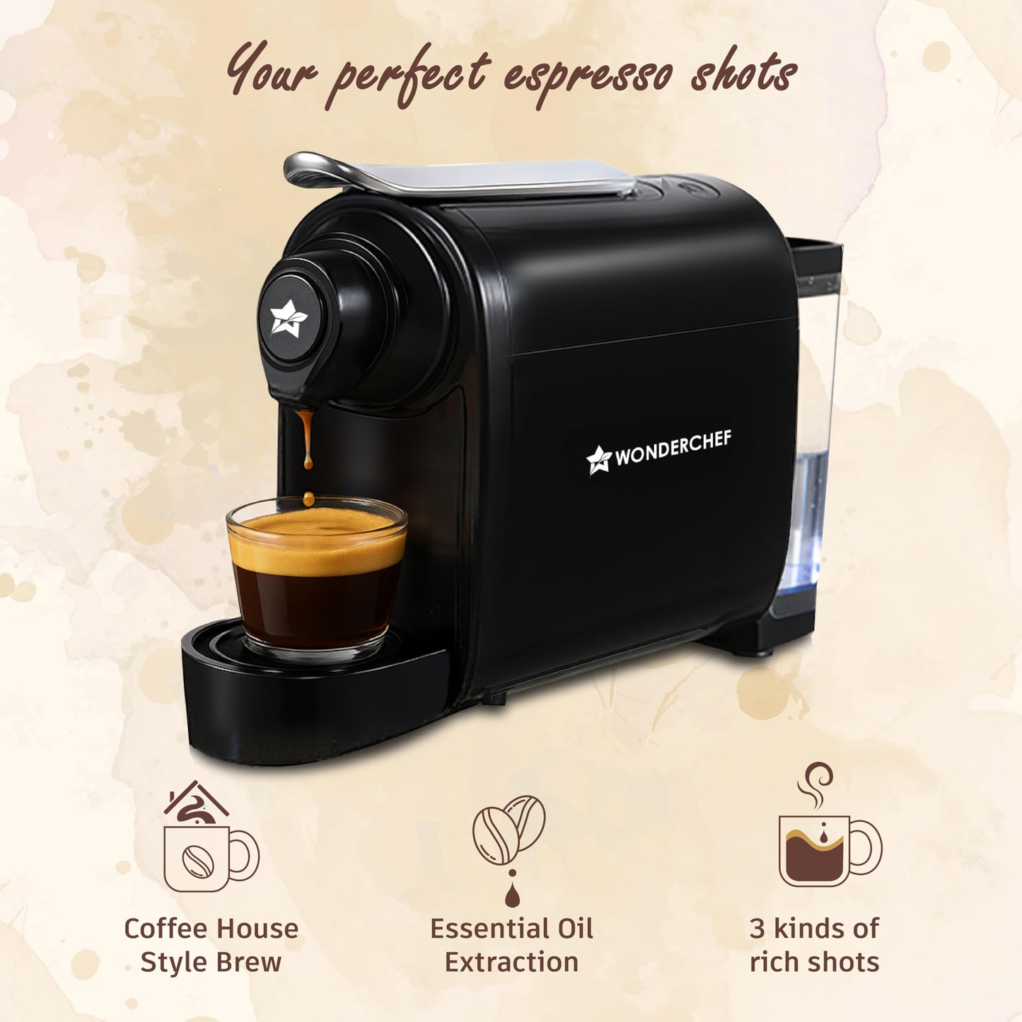 Wonderchef Regalia Capsule Coffee Machine with Frother | Perfect espresso shots for Cappuccino, Latte and Americano | 3 Coffee Shot options - Ristretto, Espresso, Lungo | 1400W | 2 Year Warranty