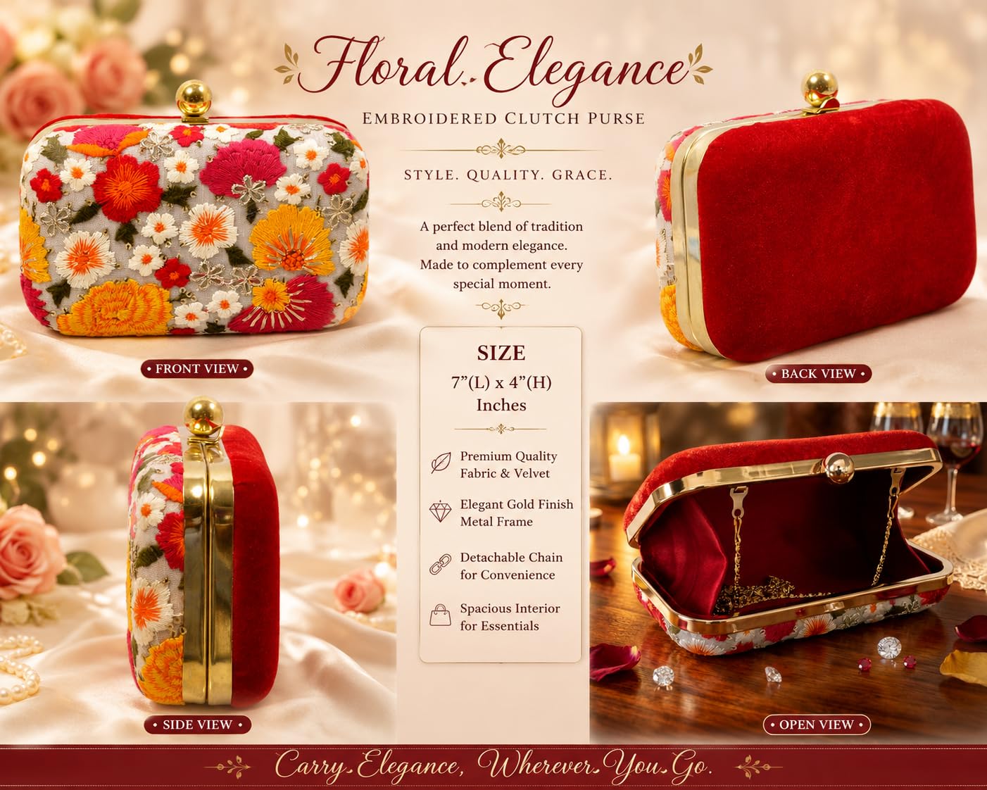DUCHESS Women’s Embroidered Floral Box Clutch Bag – Silk Wedding Purse with Gold Metal Frame and Detachable Chain Strap – Ethnic Indian Bridal Handbag for Parties, Proms, and Evening Events