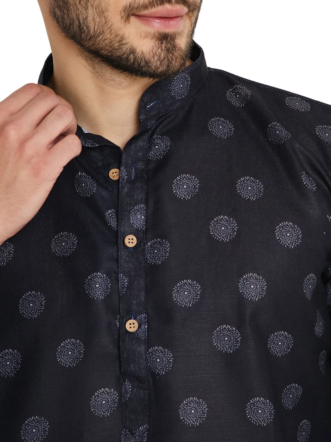 LUCKWIN Linen Regular Fit, Mandarin Collar, Printed Kurta Pyjama Set in Blue for Men [LWKP160-44-2023]