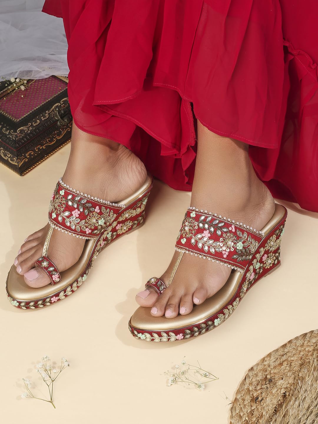 V-WALK Women's Slip-Ons Floral Embroidered Ethnic Wedge Heel Bridal Sandals | Wedding, Ethnic, Festive Occasions Bridal Heels for Women | Heel Height: 3 Inches | Maroon