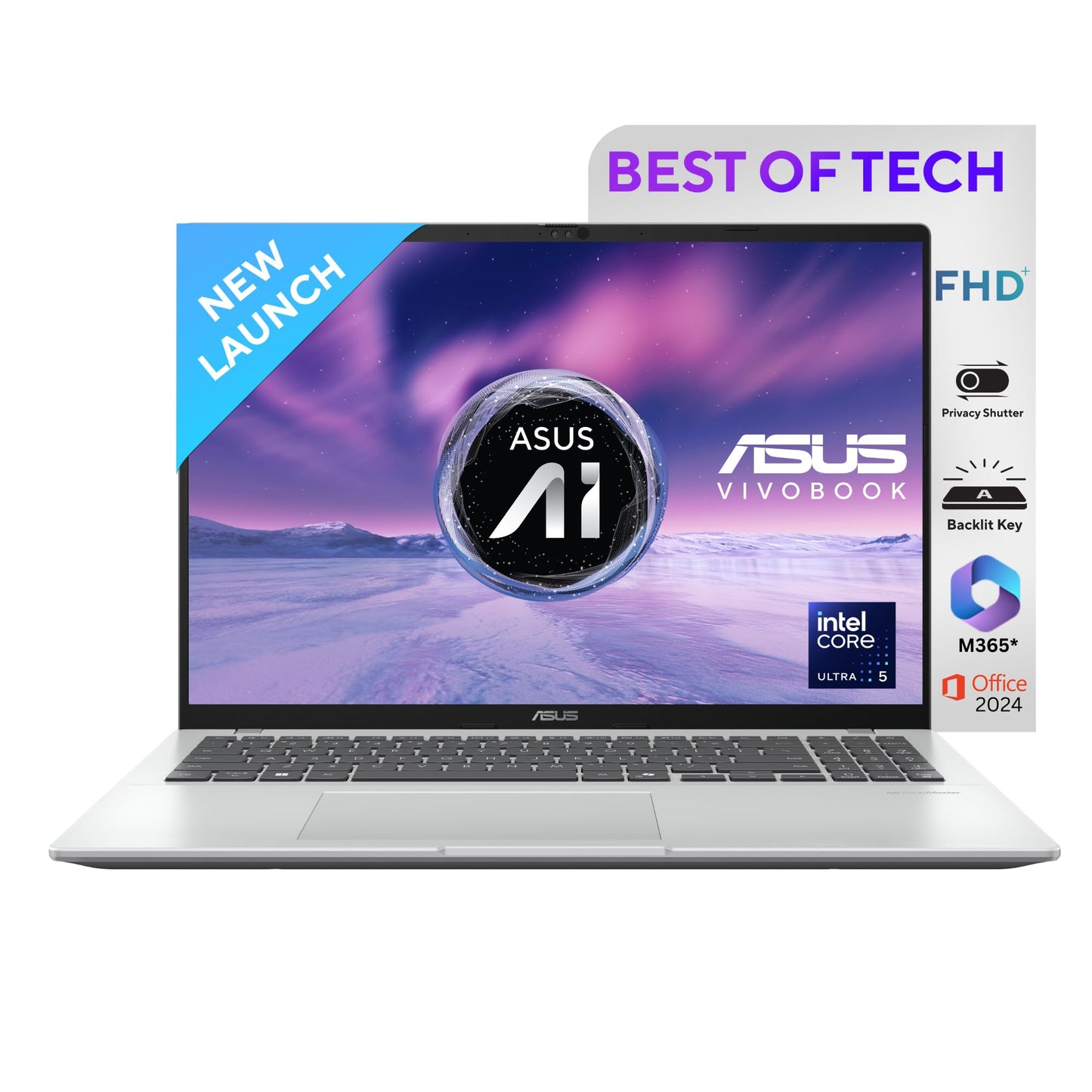 ASUS Vivobook 16,Intel Core Ultra 5 (Series 2),Thin & Light(Intel iGPU/16GB RAM/512GB SSD/FHD+/16"/60Hz/Backlit Keyboard/Windows 11/M365 Basic (1Year)*/Office Home 2024/Silver/1.88 kg) X1607CA-MB142WS