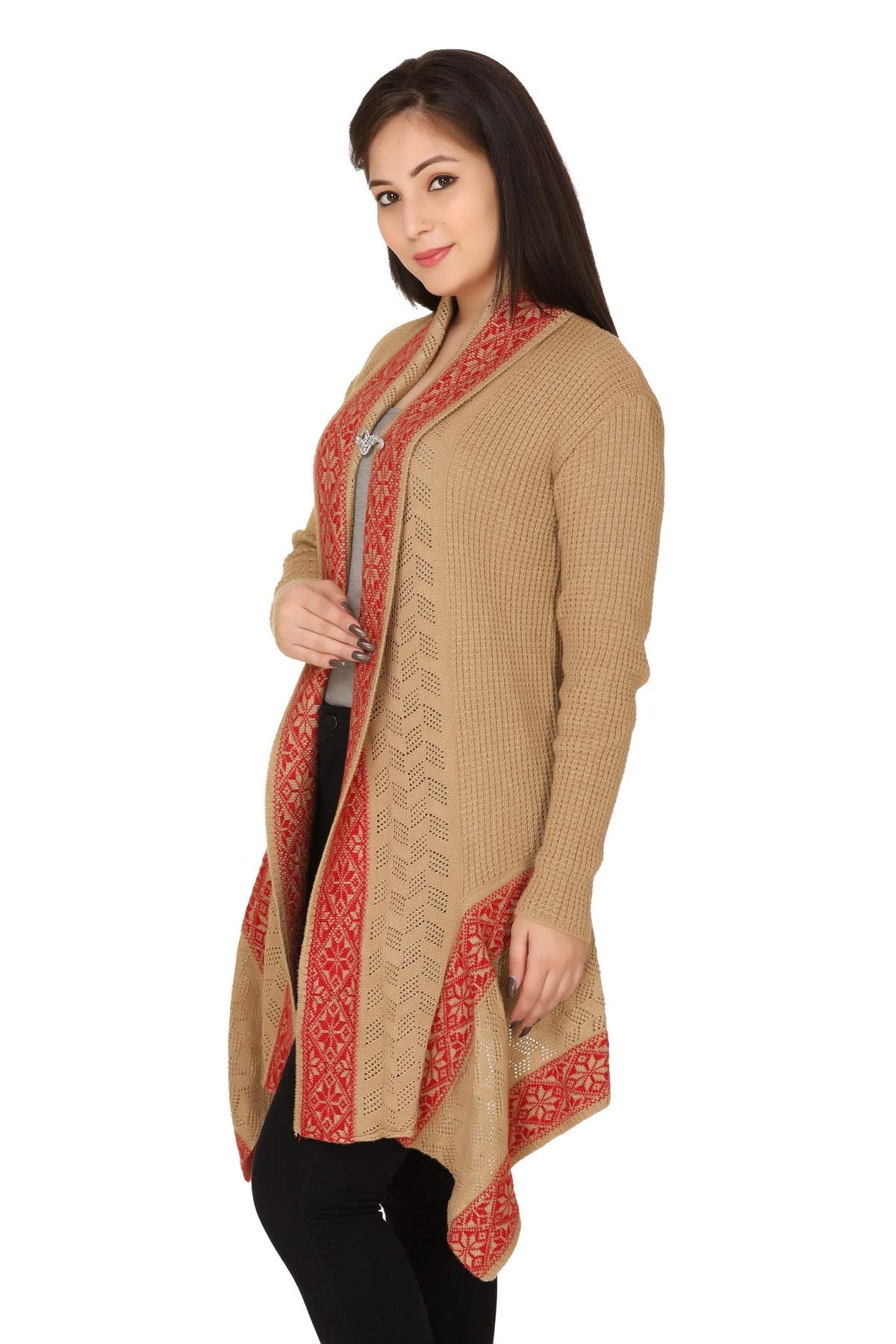 PIPASA Women Ladies Girls Winter Wear Woolen Open Front Hem Long Sleeves Shrug Top Designer Woolen Sweater Shrug Cardigan (Freesize), Red