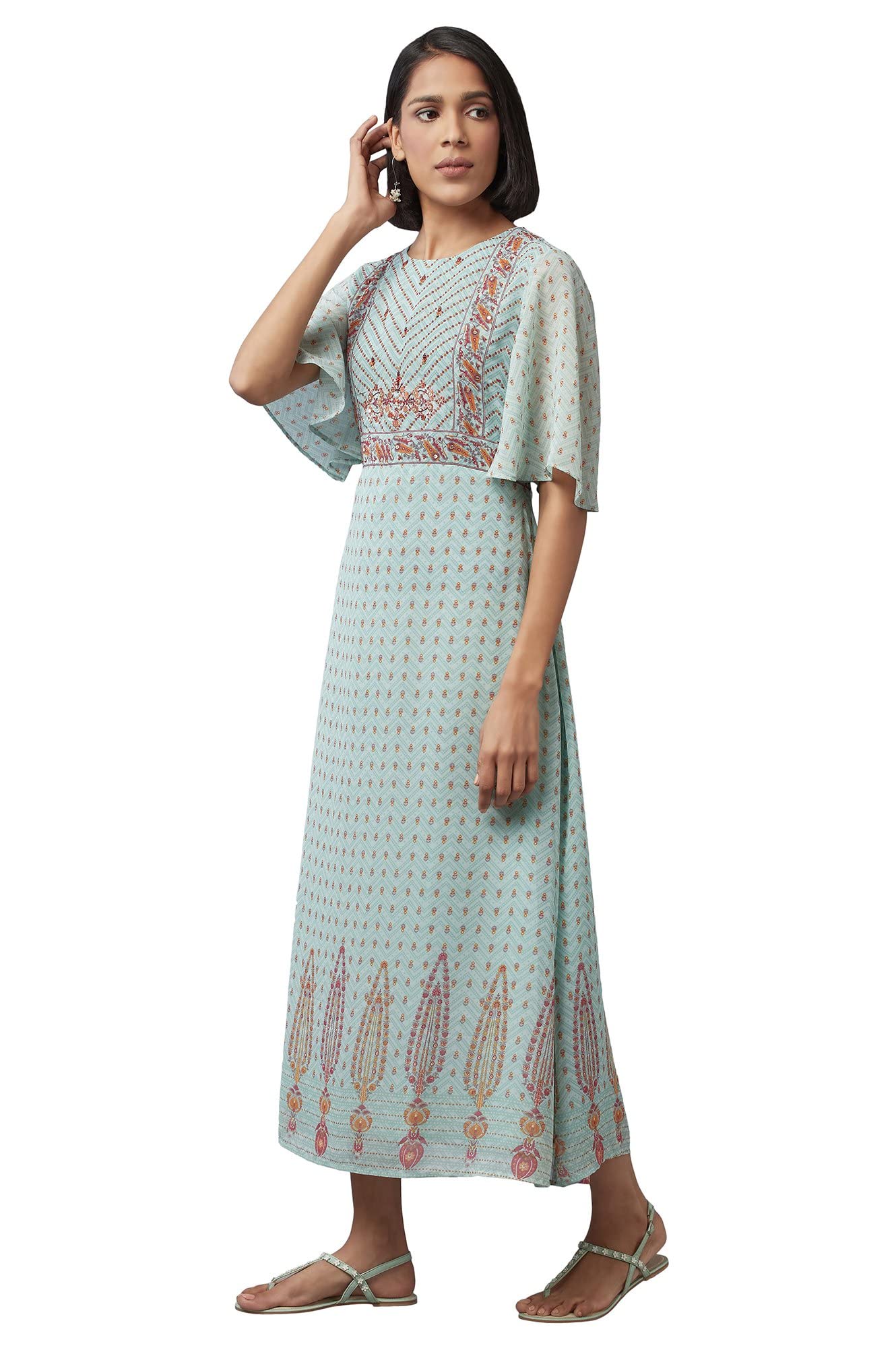W for Woman Women's Georgette Harbour Green Asymmetric Dress Floor Length (22FEW16071-116585 S)