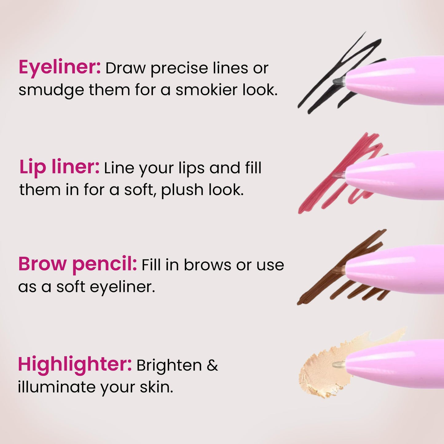 Milagro Beauty 4-In-1 Makeup Pen, Smudgeproof & Waterproof Eyeliner, Lip Liner, Highlighter & Eyebrow Pencil With Rich Color Payoff, 24-Hour Long Stay