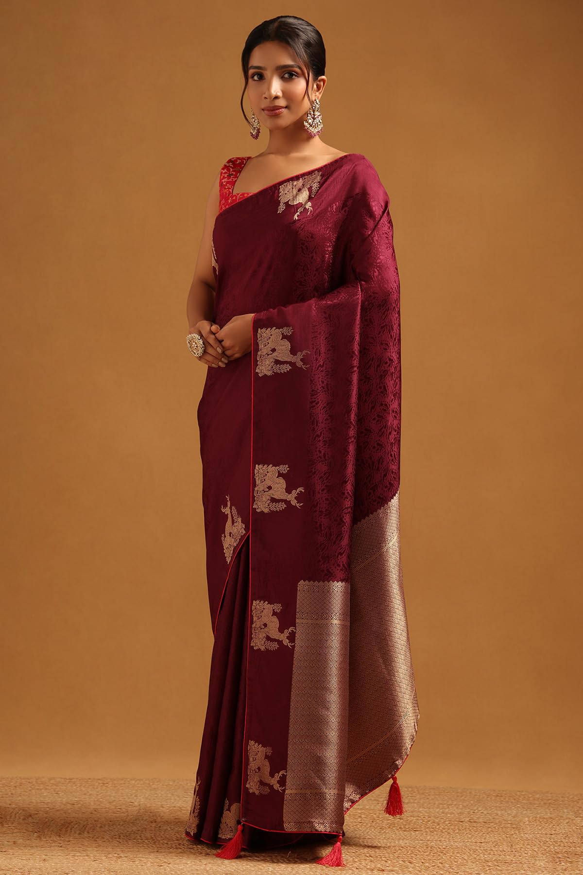 Soch Womens Wine Dola Silk Botanical Zari Woven Saree
