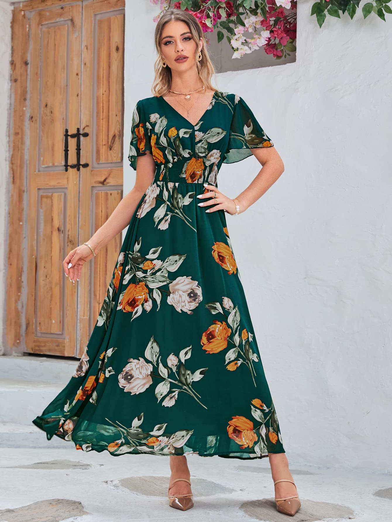 Simplee Women Casual Boho Floral Maxi Dress Flowy Holiday Beach Long Dress V Neck Short Sleeve Wedding Guest Dress, #Dark Green, M