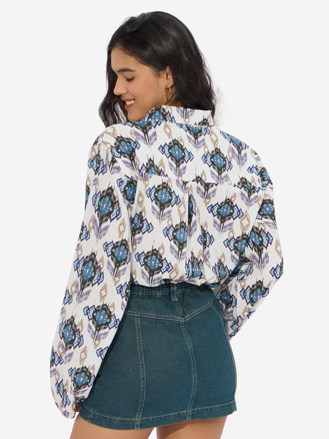 The Souled Store Ikat Twist Women and Girls Long Sleeves Collared Neck Button Front Multicolor All Over Printed Cotton Boyfriend Shirts