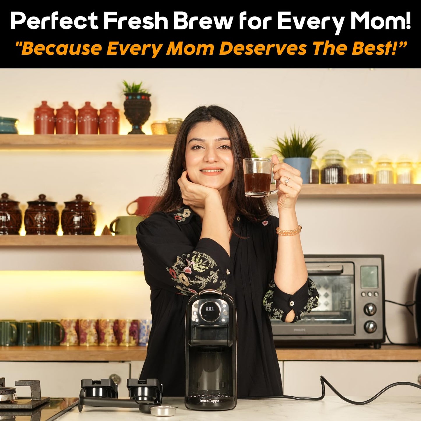 InstaCuppa 3-in-1 Espresso Coffee Maker, Works with Ground Coffee, Pods & Capsules, Electric Kettle Mode with Temperature Control, Adjustable Volume, Self-Cleaning, LED Touch Control and Display