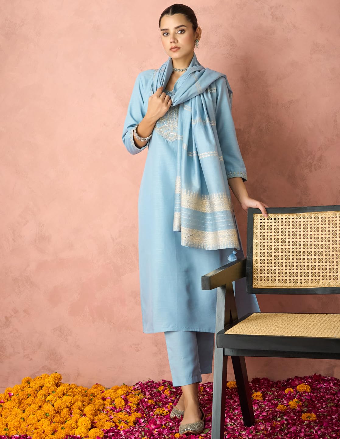 Hritika Blue Cotton Blend Sequined Embroidered Kurta with Pant and Dupatta_HRKBD0219LBLUE_M