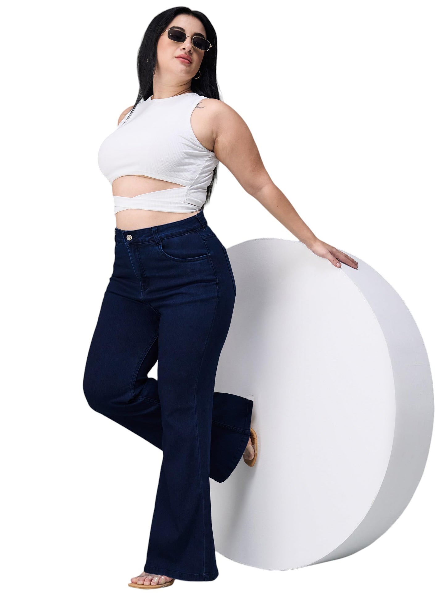 Miss Chase A+ Women's Wide Leg High Rise Regular-Length Stretchable Denim Jeans (APSS23DEN12-53-887-36, Kyanite Blue, 36)