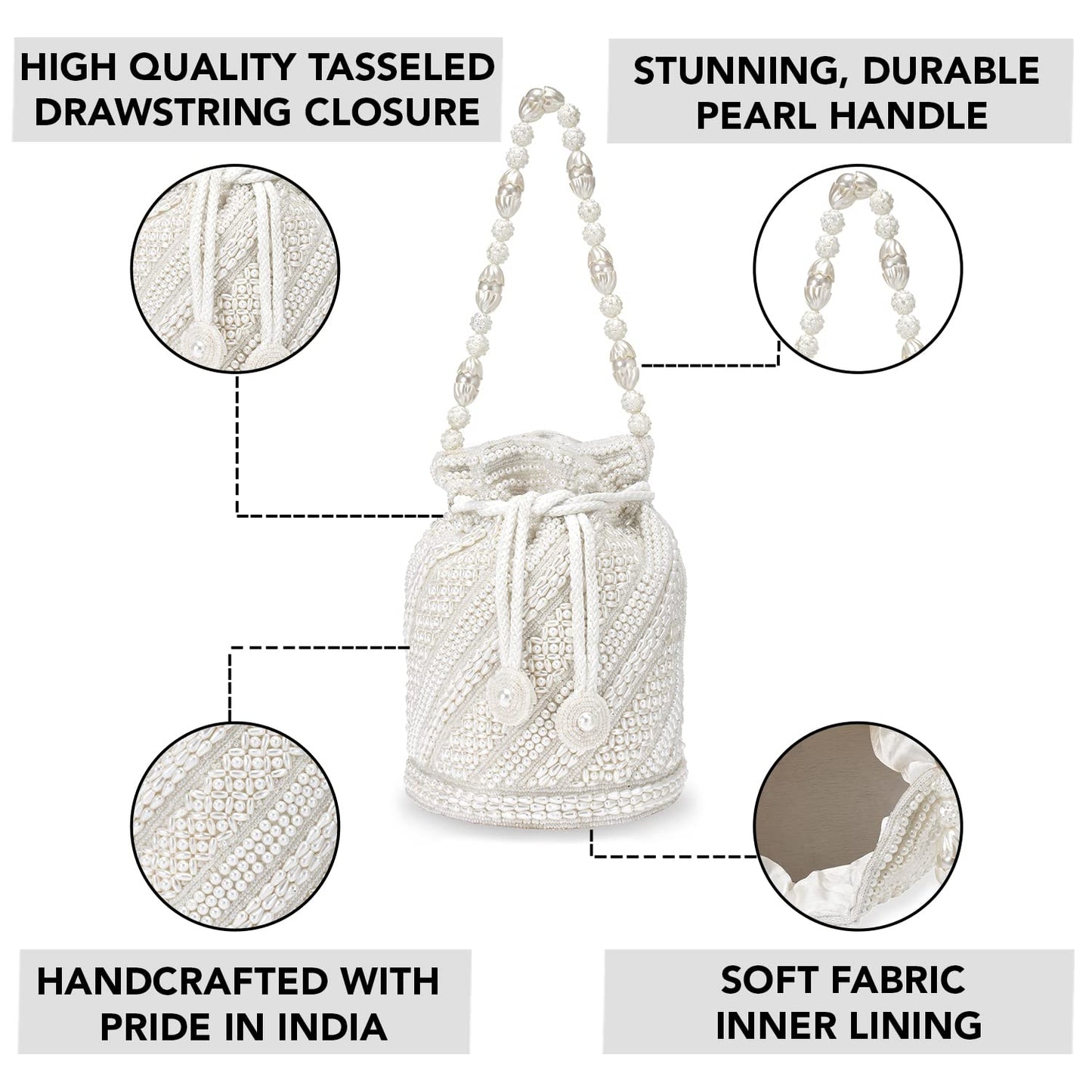 Peora Potli Bags For Women Evening Bag Clutch Ethnic Bride Purse With Drawstring (P14W), White