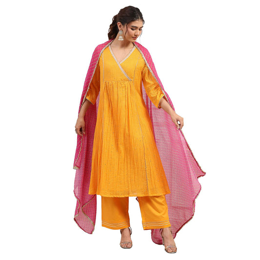 Biba Women Yellow Cotton Anarkali Suit Set_32