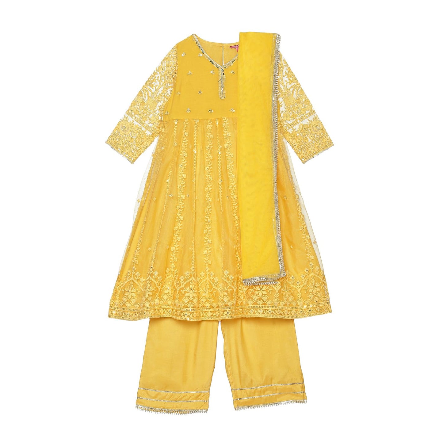 BIBA Girl Polyester Blend Embroidery Gathered Kid Salwar Suit Set (Kw5367_Yellow_15)
