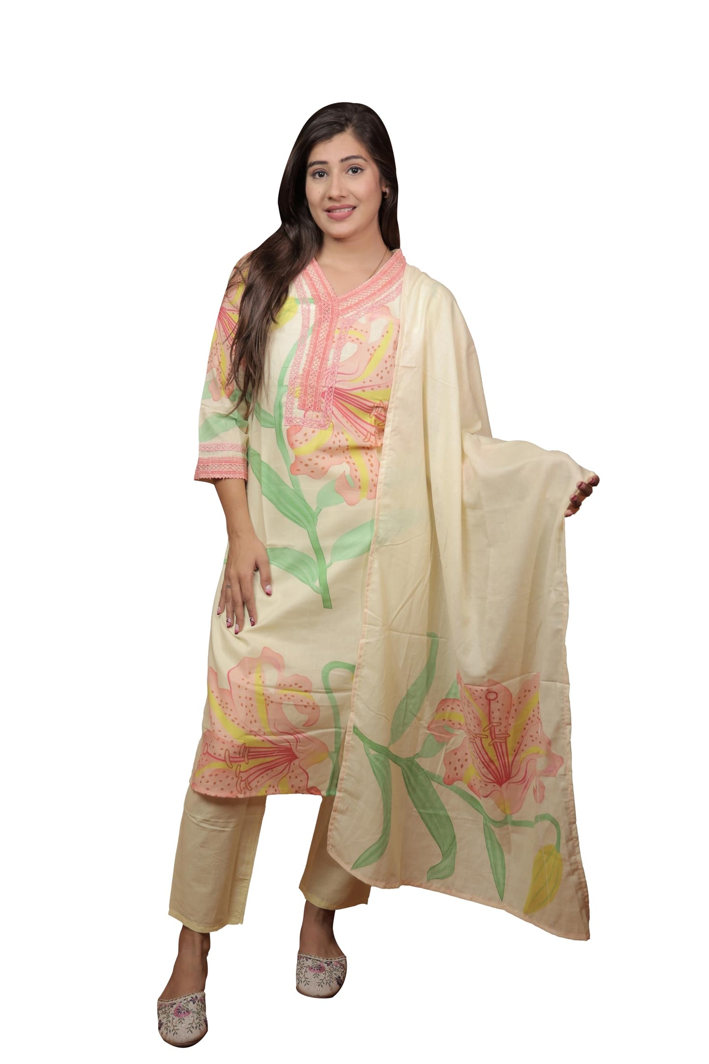 Vishtish Women's Cotton Salwar Suit with Dupatta, Printed Straight Kurta Pant and Dupatta Set (Cream, XXL)