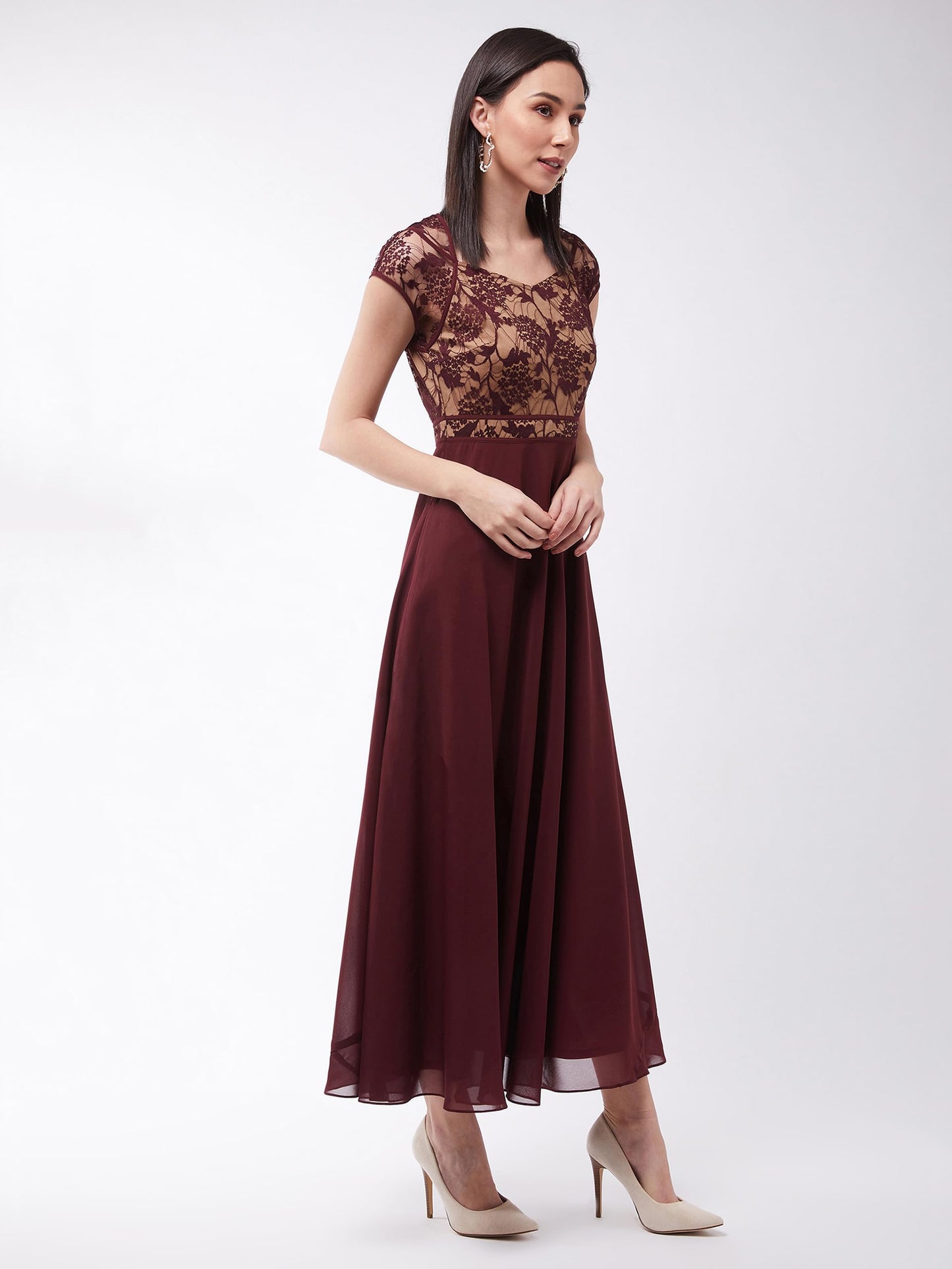 Miss Chase Women's Floral V - Neck Cap Short Sleeves Lace Overlaid Fit & Flare Paneled Maxi Dress (MCSS21D06-11-603-04,Wine & Beige,M)