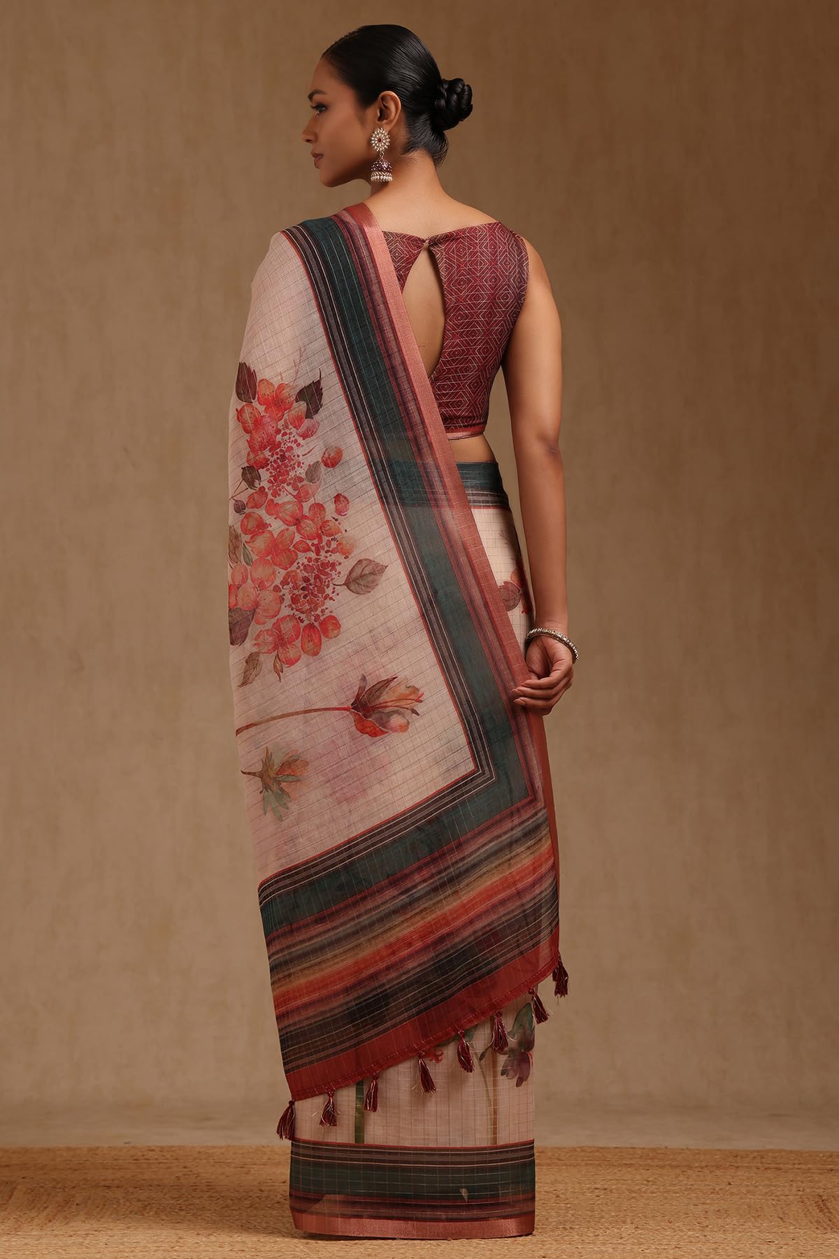 Soch Womens Beige Linen Botanical Print Saree