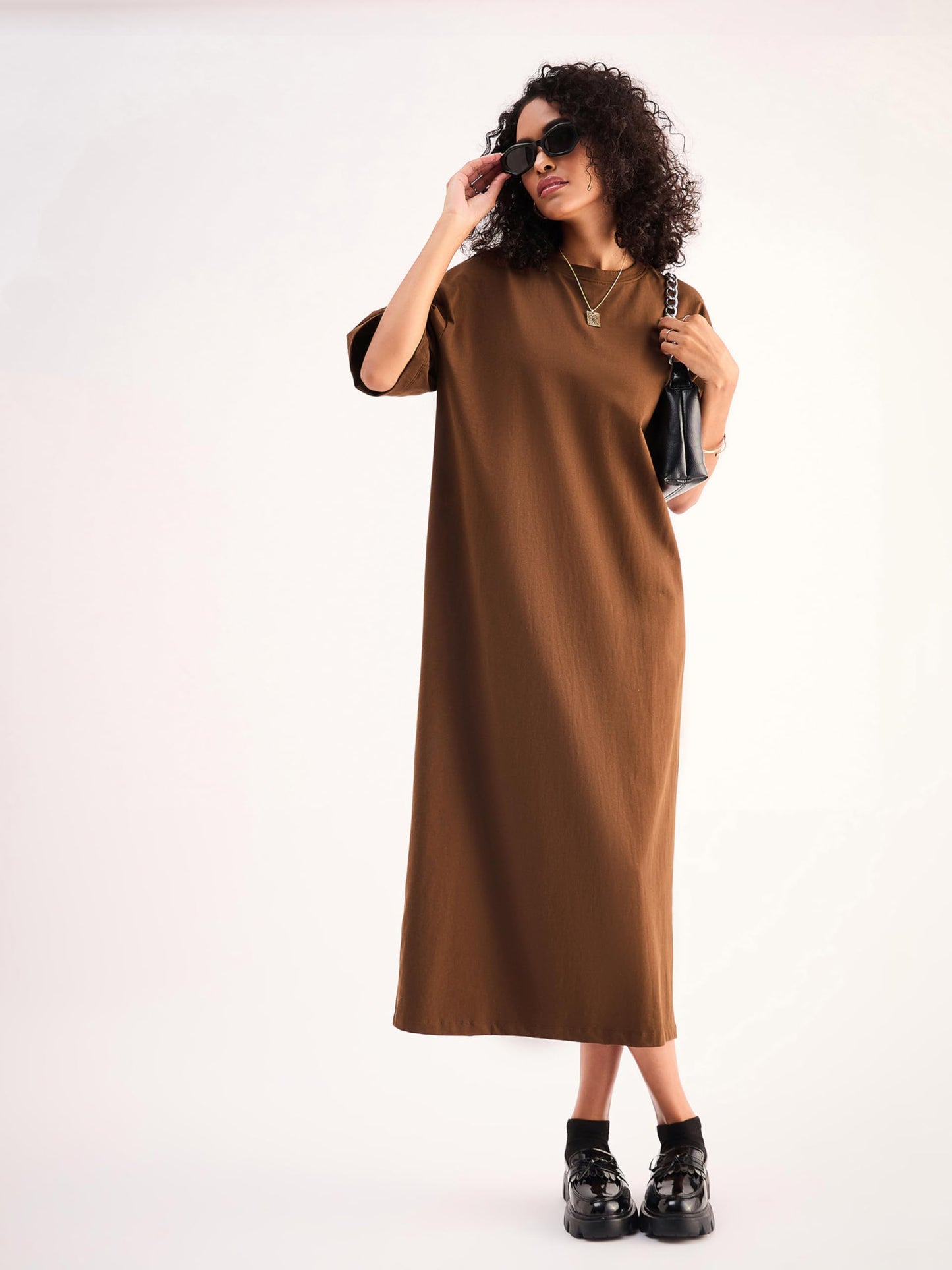 SASSAFRAS Women's Cotton Jersey Midi Length T-Shirt Dress (SFDRSS12129_Brown_2XL)