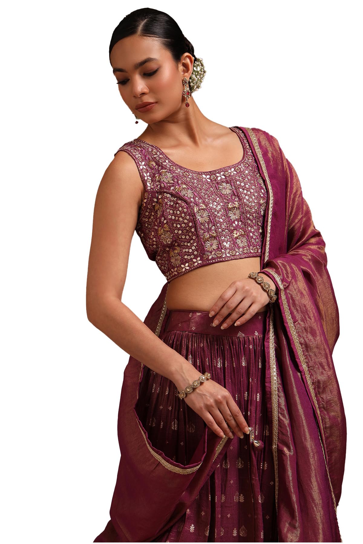 Soch Womens Wine Viscose Blend Embroidered Lehenga Choli With Zari