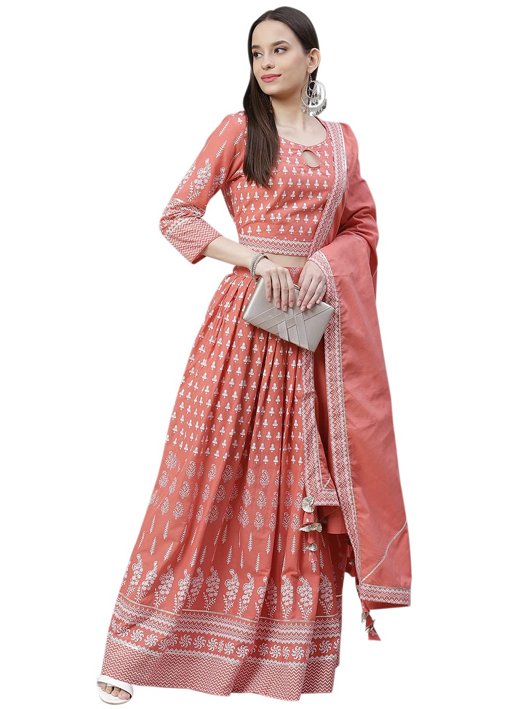 Divena Pink Printed Crop Top, lehenga with Dupatta set