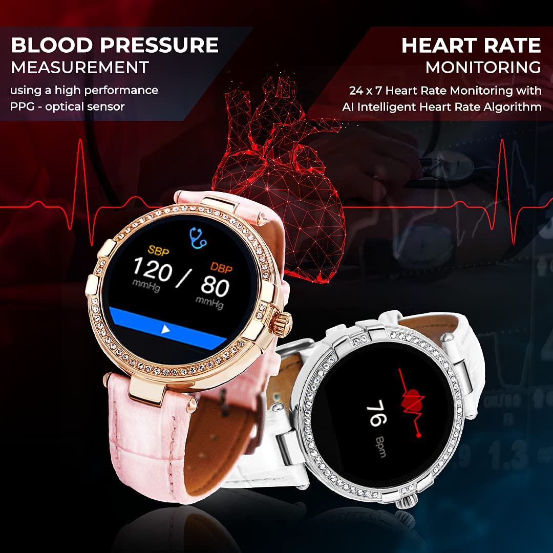 French Connection R8 series Women smartwatch (40 MM dial) with Full Touch HD screen, Metal case, Leather strap, continues Heart rate & Blood pressure monitoring, temperature monitor and IP68 waterproof