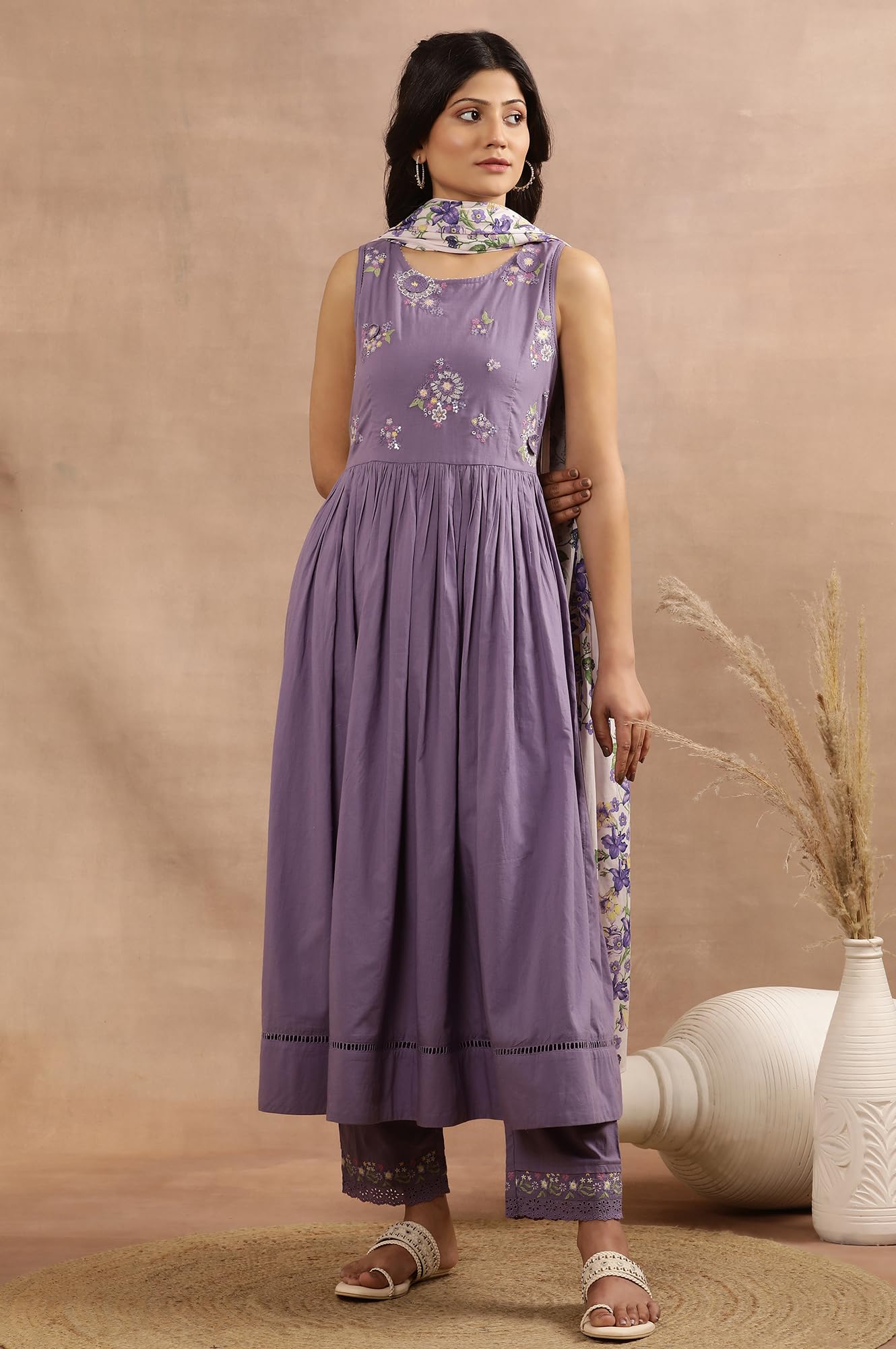 W for Woman Purple Embroidered A-line Kurta, Pants and Printed Dupatta Set (Size: 3XL)-24FEWS11008-221864