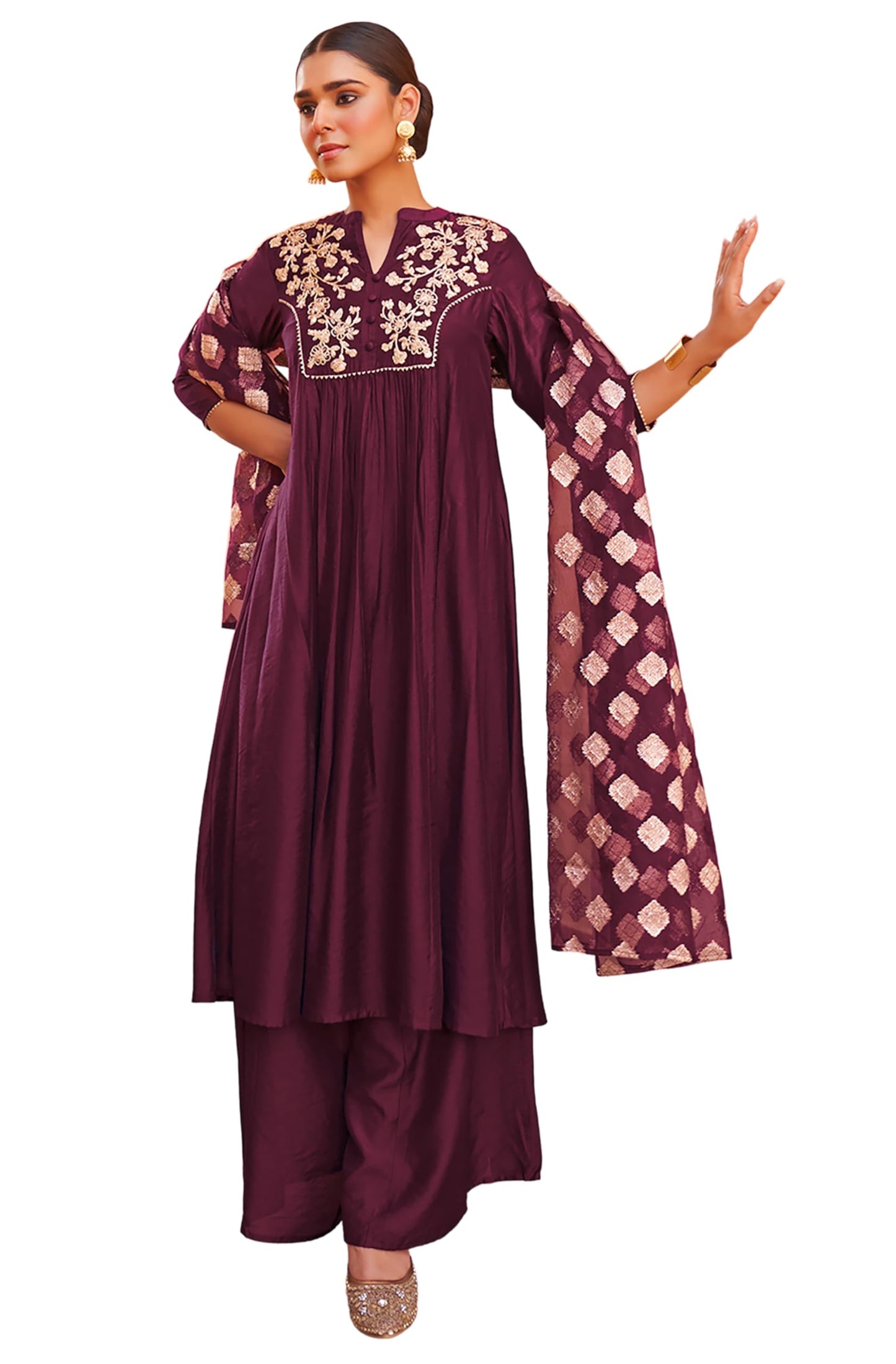 Janasya Women's Purple Chanderi Embellished Kurta with Palazzo and Dupatta(SET805-KR-PP-XS)