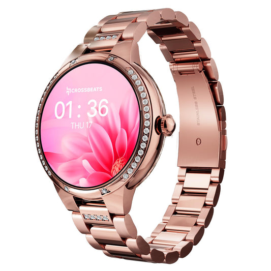 CrossBeats Diva 1.28” Stylish Smart Watch for Women with Stone Studded Bezel| Amoled Display | Female Health Tracker | 100+Sports Modes| Premium Metal Smartwatch with Wireless Charging - (Rose Gold)