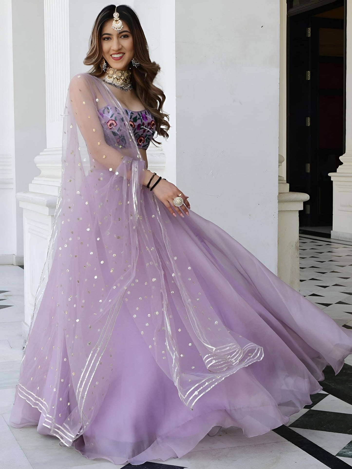 Zeel Clothing Women's Multi Thread Embroidered Organza Net Semi-Stitched Lehenga Choli With Dupatta (5065-Lavender-Wedding-Stylish-Latest; Free Size)