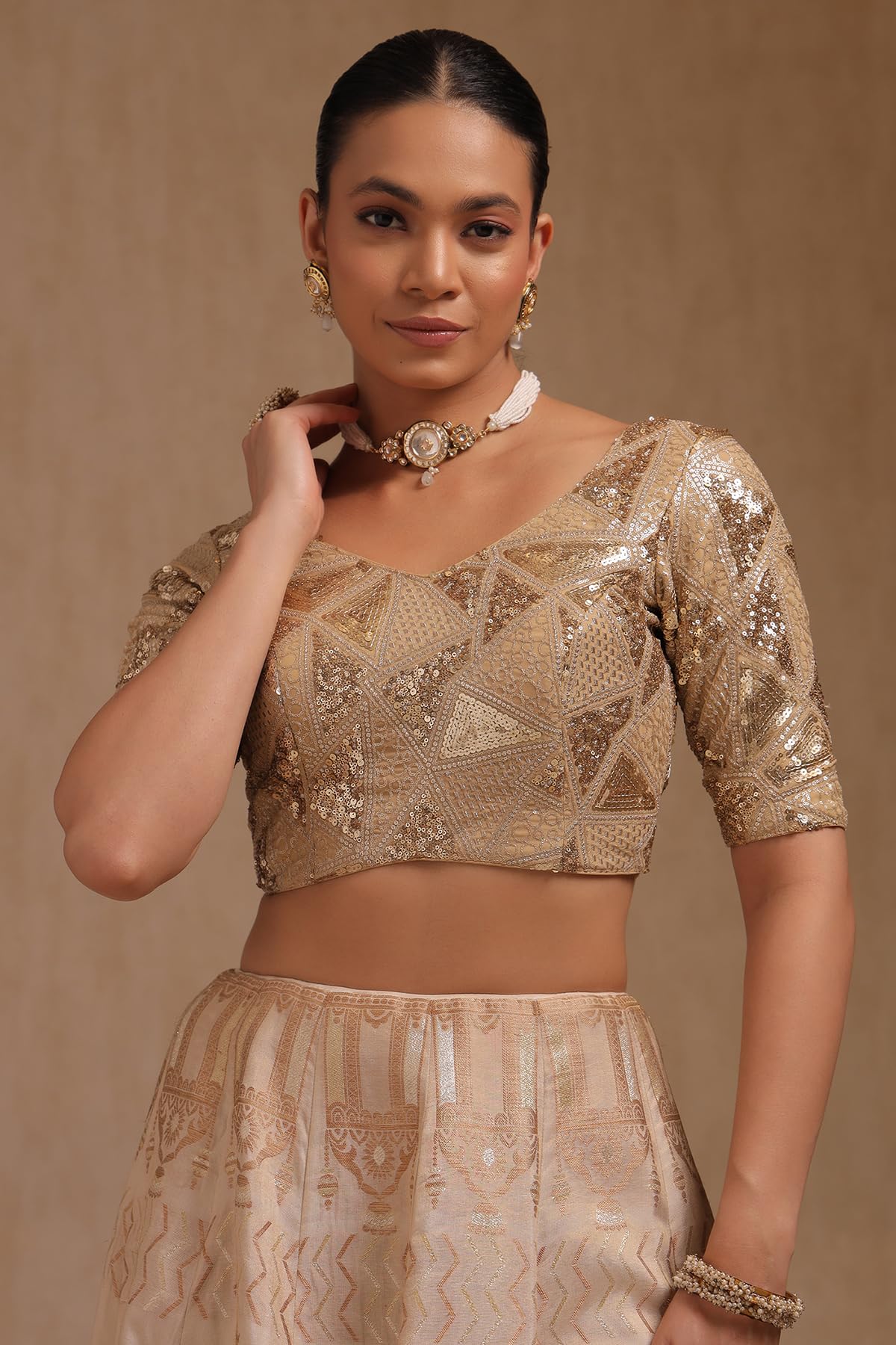 Soch Women's Georgette Embellished Short Sleeves Regular Fit Blouse (BLHSSEQ00727_Beige 38)