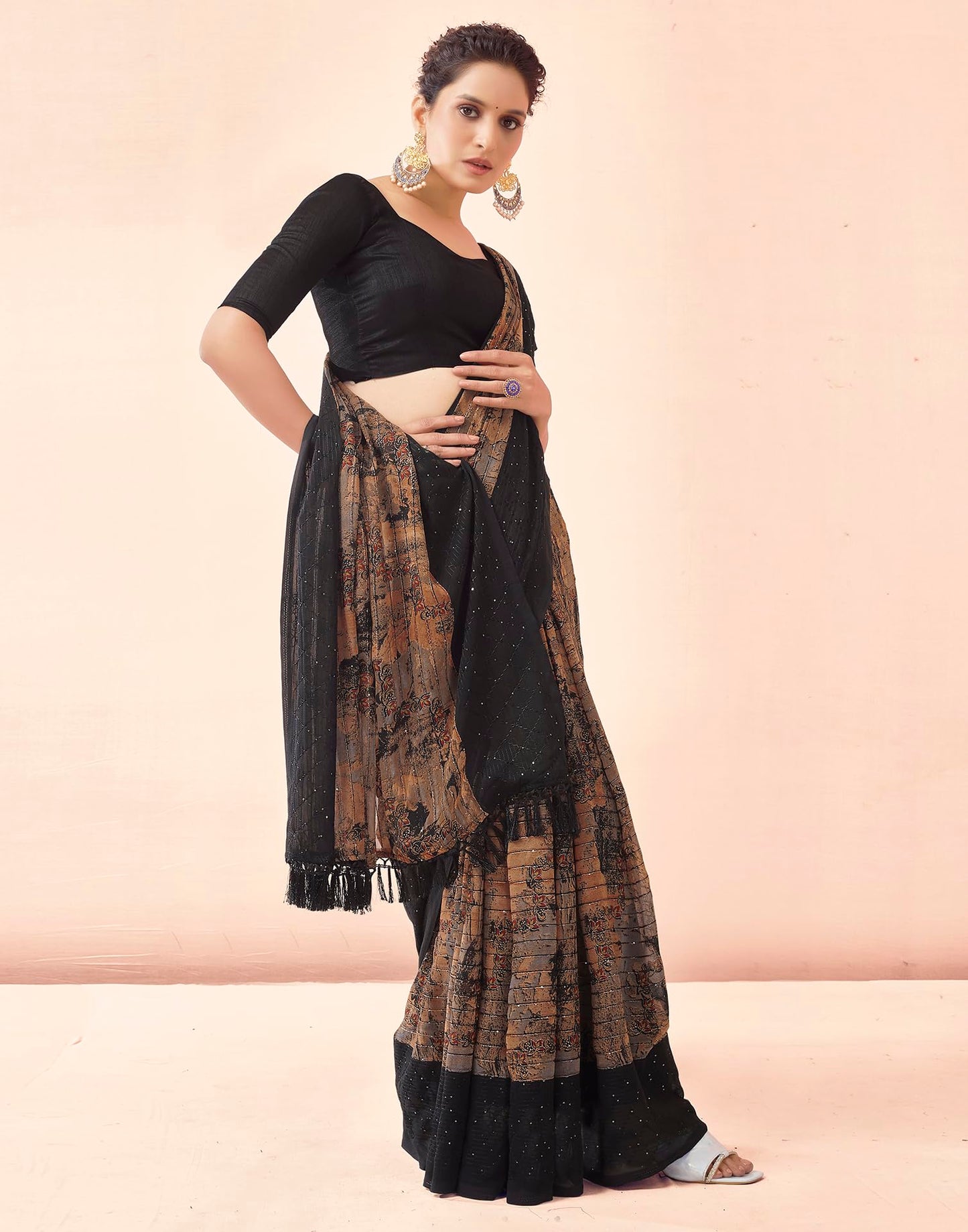 SIRIL Women's Georgette Printed Sequence Work, Saree With Unstitched Blouse Piece (3476S711A_Black)