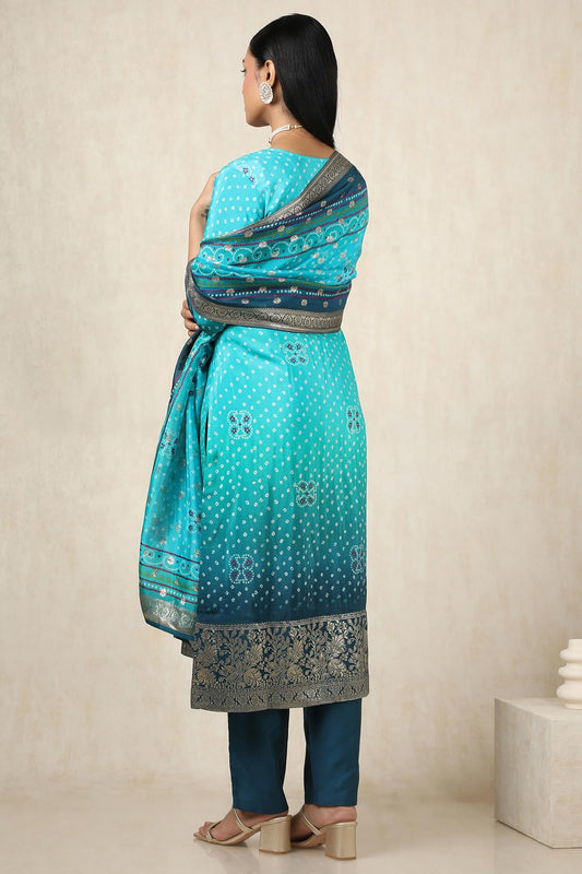 Soch Womens Turquoise Blue Brocade Bandhani Chudidar Set With Zari