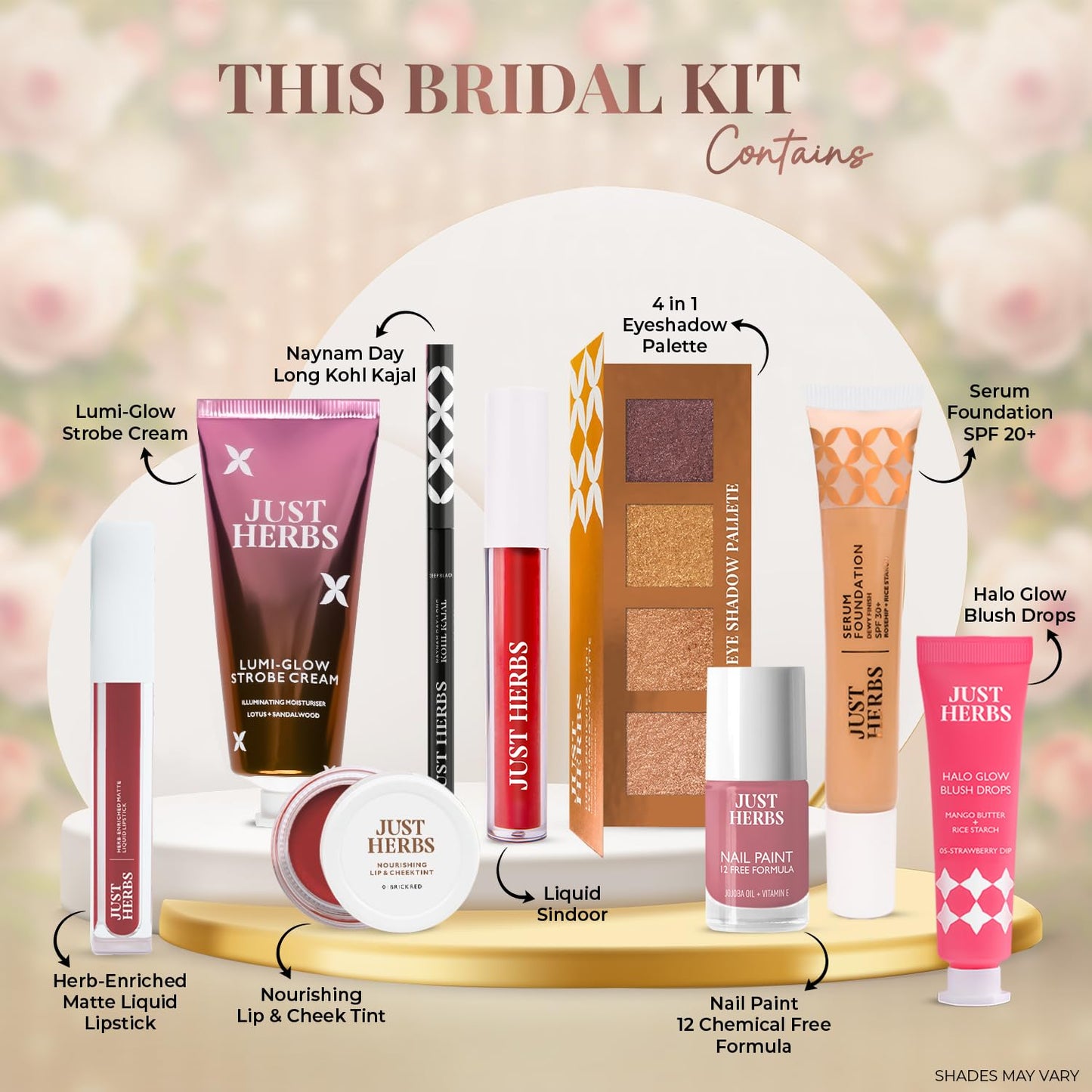 Just Herbs Wedding Kit Glam Essentials with Matte Lipstick | Lip & Cheek Tint | Strobe Cream | Kajal | Sindoor | Eyeshadow Palette | Nail Paint | Serum Foundation | Blush Drops All in One Makeup Gifting Kit for Women (Pack of 9)