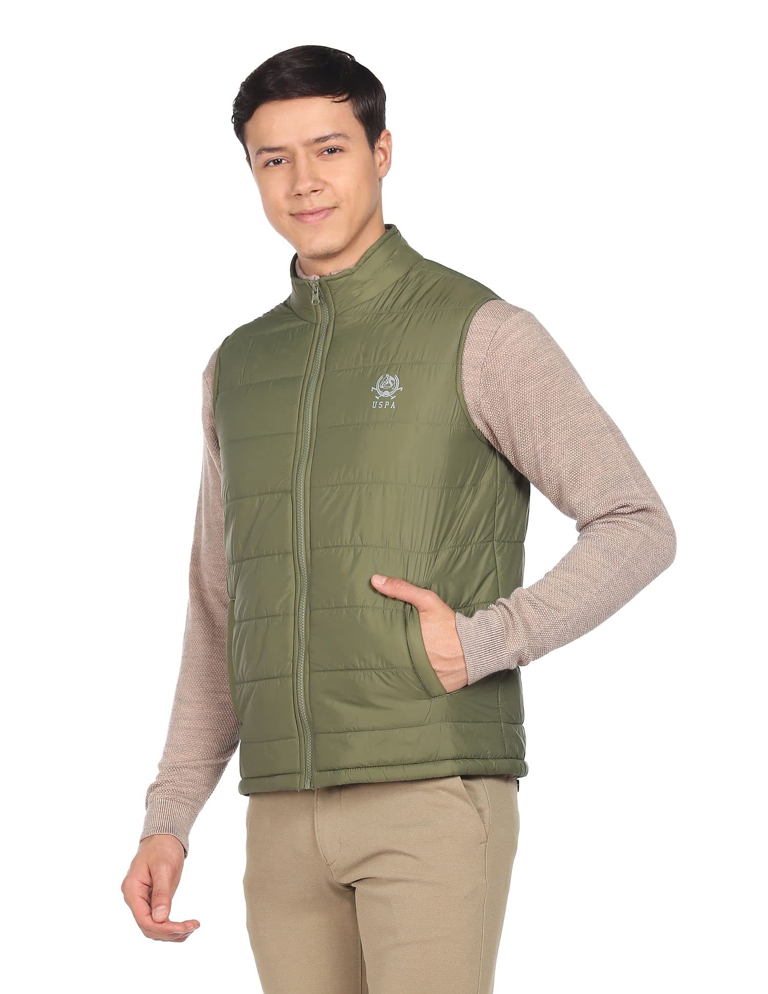 U.S. Polo Assn. Nylon Men Olive High Neck Sleeveless Solid Padded Standard Length Jacket Small