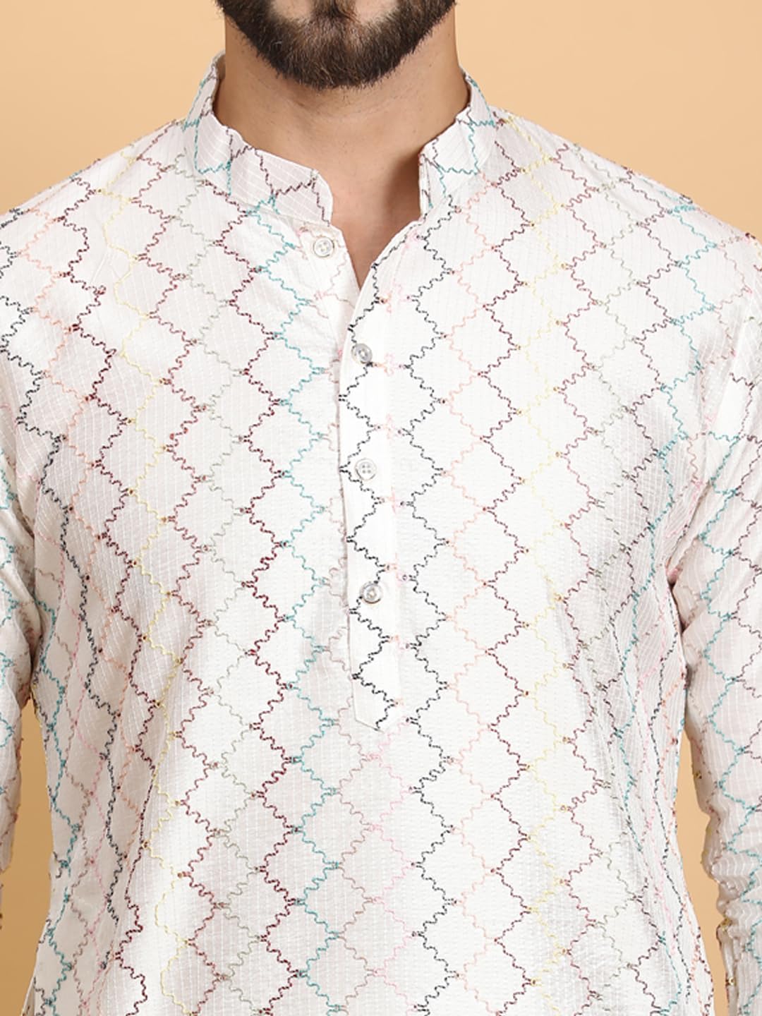 Ethluxis Men's Silk Blend Embroidered Regular Fit Kurta with White Churidar Set (46, White Multi)