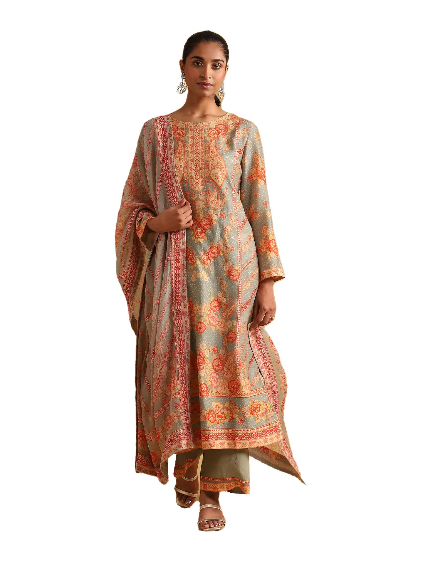 Ritu Kumar Green Floral Print Chanderi Kurta With Palazzo And Dupatta